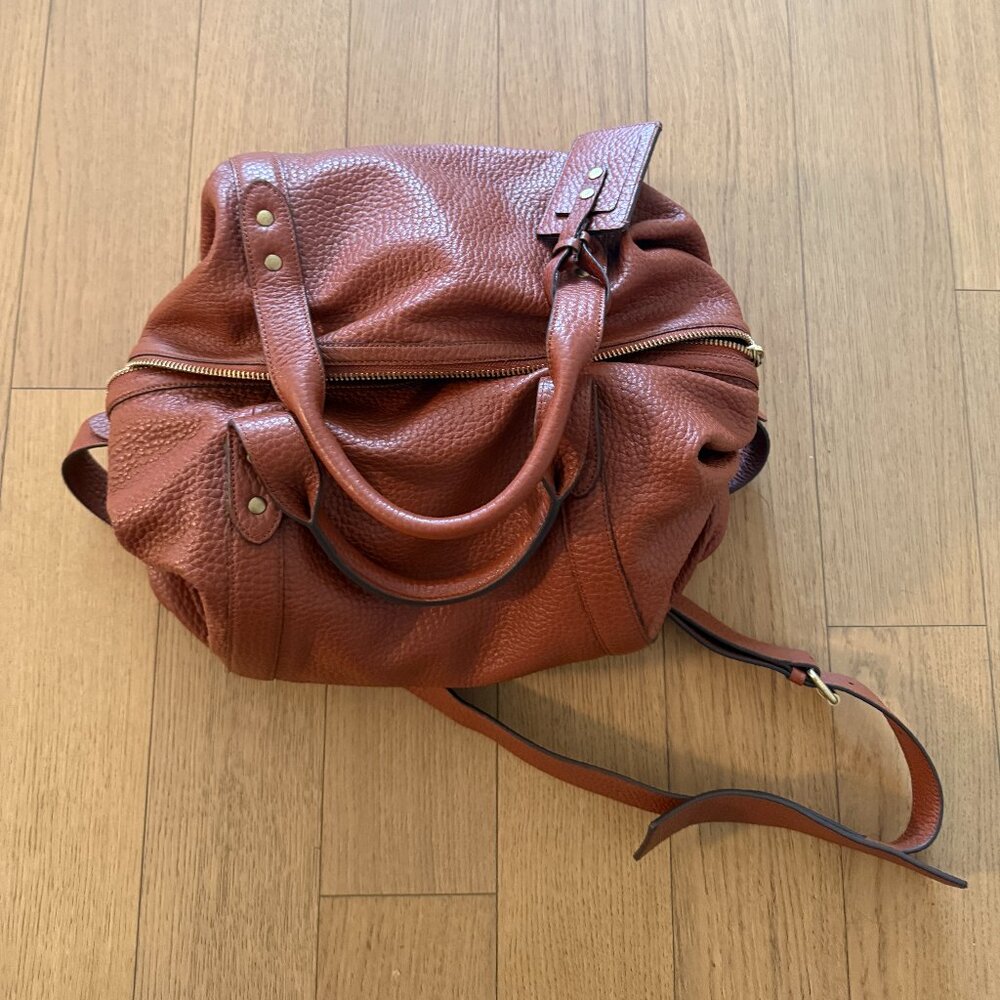 Cole Haan Mens Duffle Bag Brown Pebbled Leather Removable Strap Zipper Close